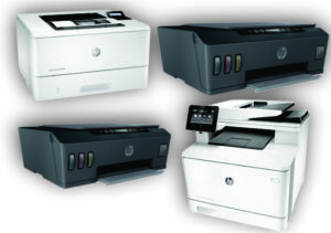 Close-up of HP multifunction printer for office use